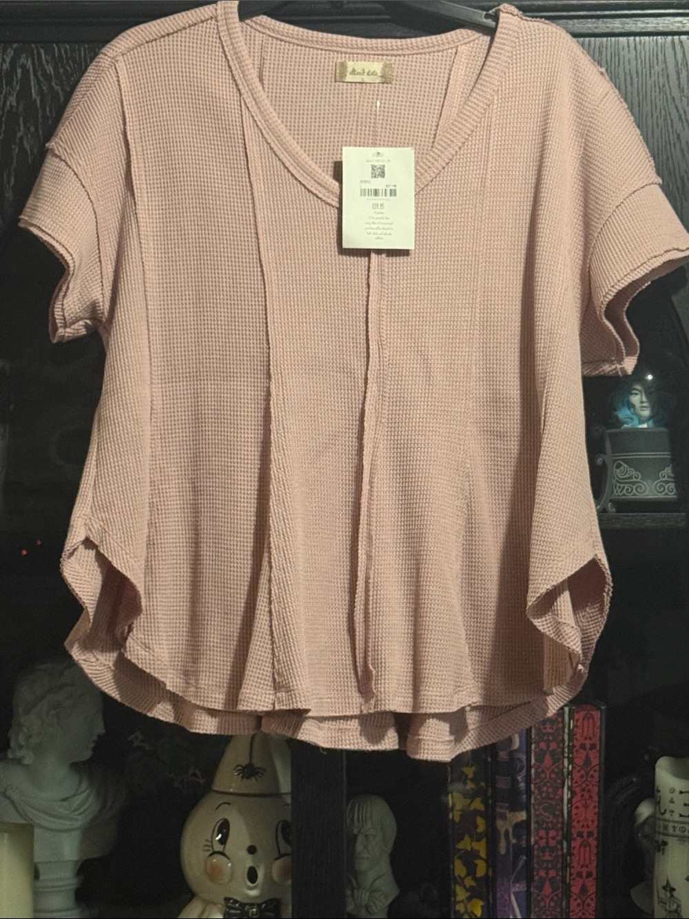 Altar'd State Blush Pink Waffle Knit V-Neck Short Sleeve Top